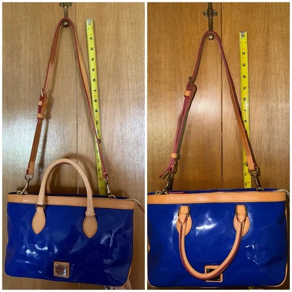 Dooney & Bourke Patent Leather Small Zip Satchel Electric Blue & Tan Trim - Picture 5 of 16
